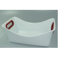 13’’ RECTANGULAR PORCELAIN CASSEROLE RED SILICONE HANDLES ON WHITE
